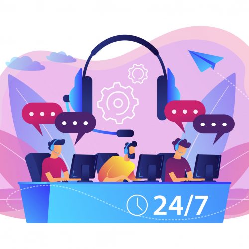 Customer service operators with headsets at computers consulting clients 24 for 7. Call center, handling call system, virtual call center concept. Bright vibrant violet vector isolated illustration